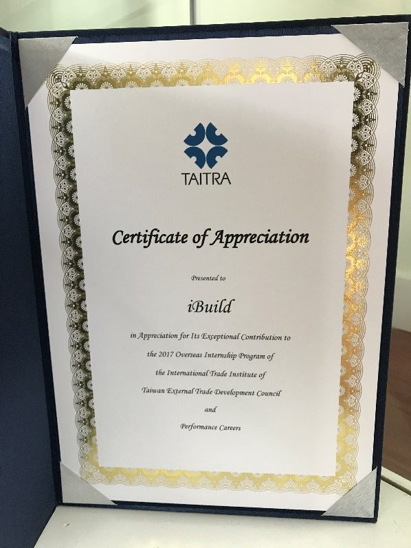 TAITRA Certificate of Appreciation Presented to iBuild TAITRA Certificate of Appreciation Presented to iBuild